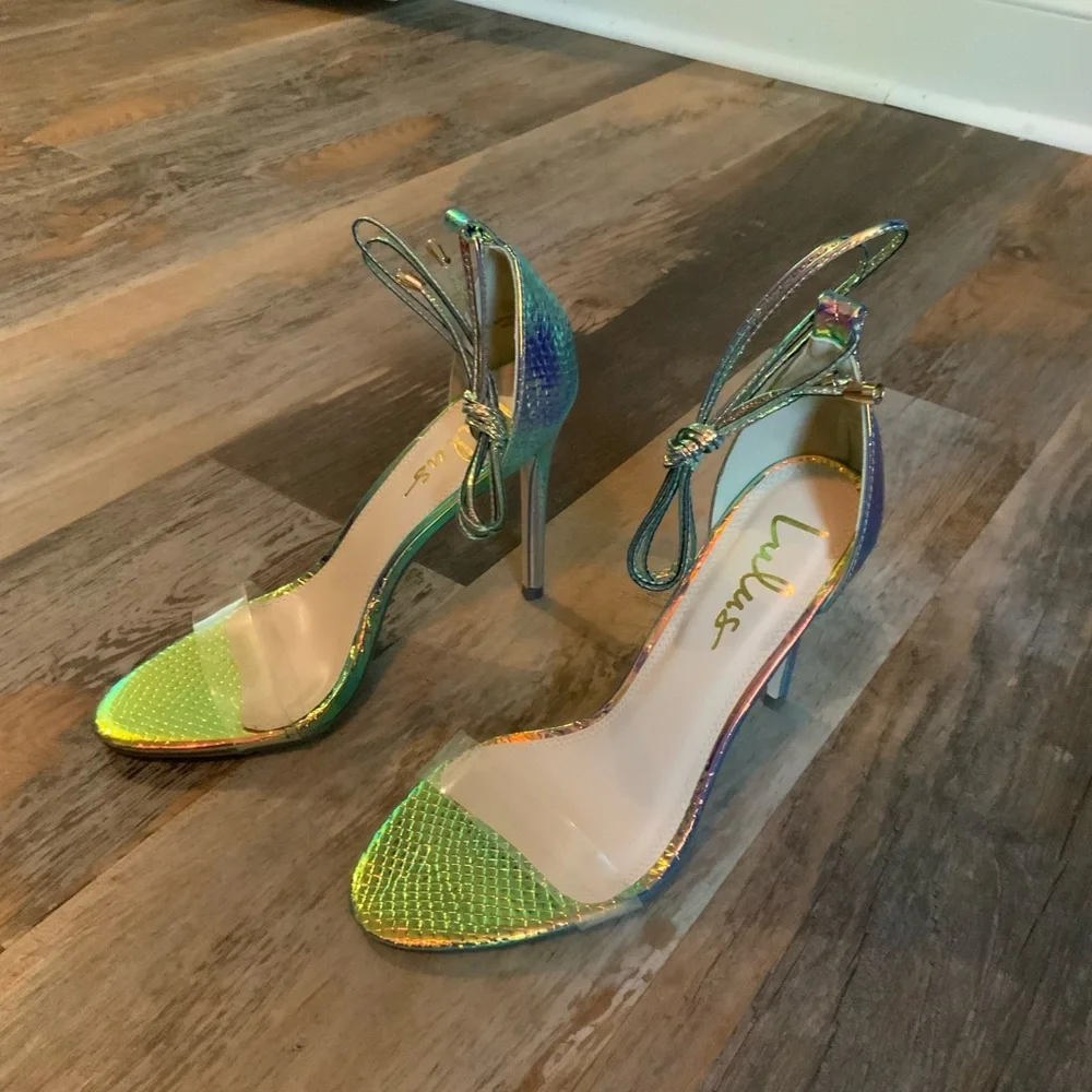 Lulu's Iridescent Aqua Lace-Up Stiletto Sandals Size 7.5